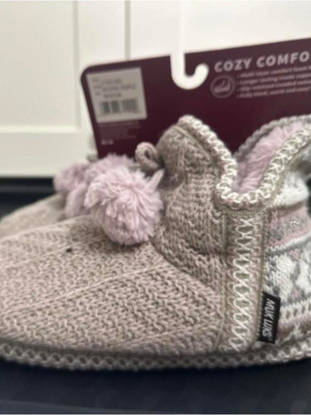 Muk Luks Pink and Cream Knit Pom Pom Slipper Booties